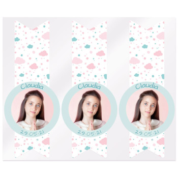 Aufkleber mit Wolken und Erinnerungsfoto zur Kommunion