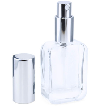 Flacher Parfümflakon 30 ml mit silbernem Sprühkopf Flacher Parfümflakon 30 ml mit silbernem Sprühkopf